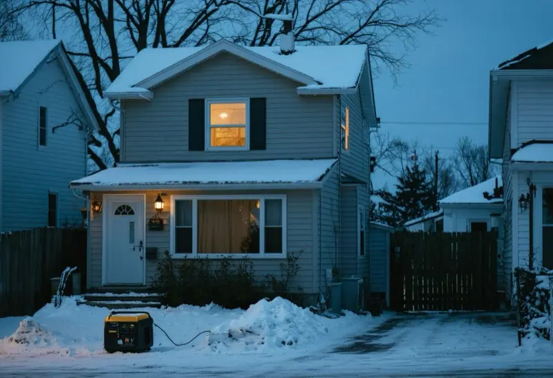 House at dusk in snow with a portable generator running on the driveway